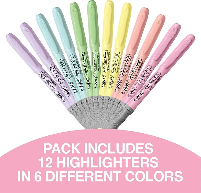 BIC Brite Liner Grip Pastel Highlighter Set, Chisel Tip, 12-Count Pack of - Image 4