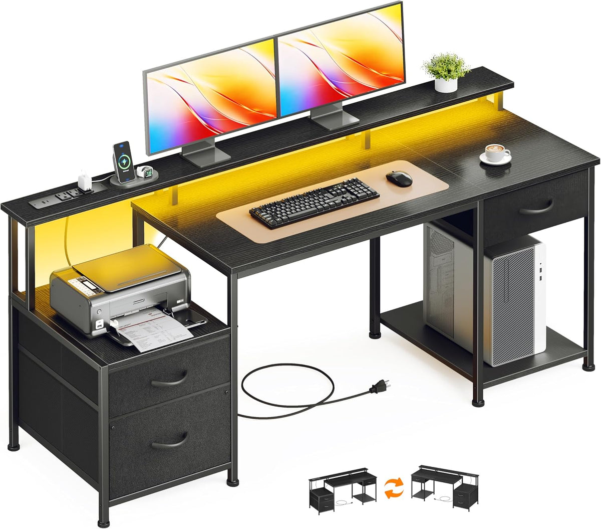 Korfile 55" Computer Desk with File Drawer, Printer Space, Dark Black