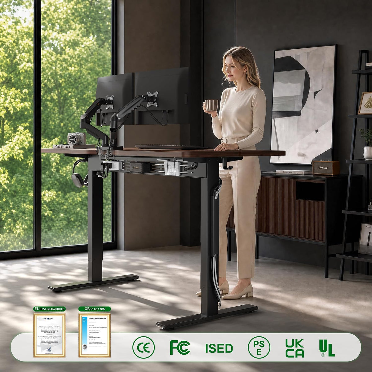 FEZIBO Electric Standing Desk with L-Shaped Crossbar & Cable Management S...