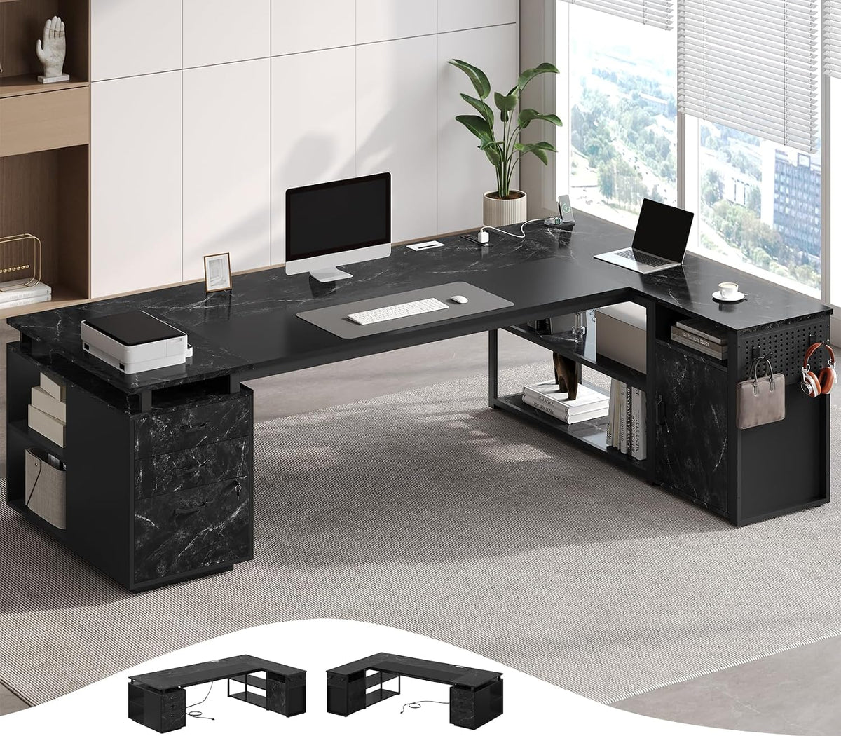 78" Executive Desk with Lockable File Cabinet, L Shaped Office Desk with...