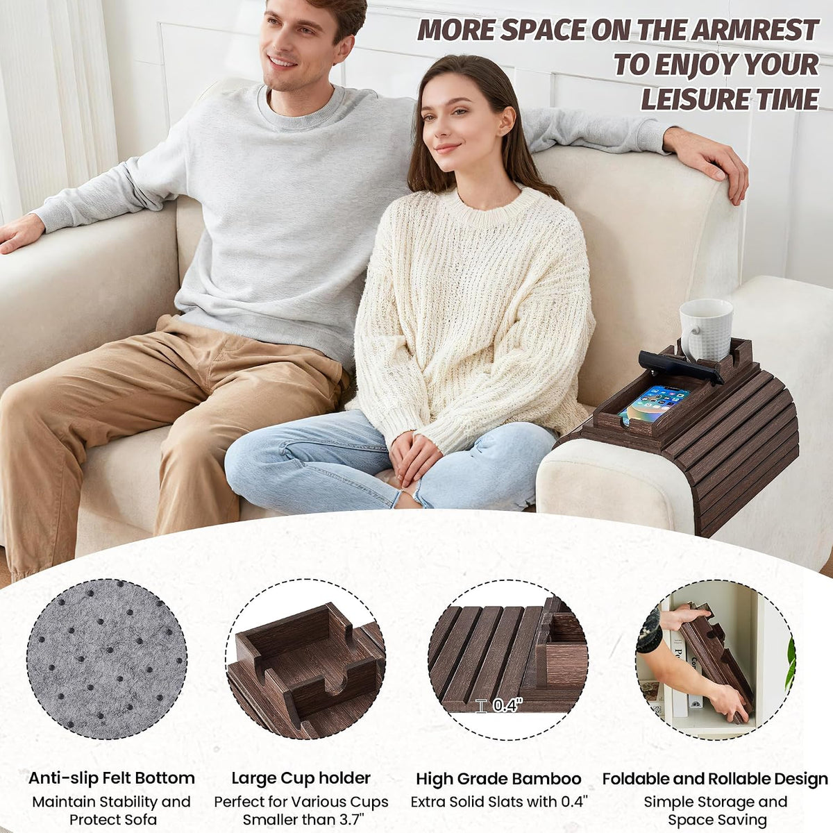 GEHE Detachable Couch Cup Holder, Anti Falling Sofa Arm Tray, Natural Bamboo ...