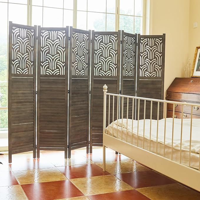Svimi Folding Room Divider, 66.9 Inch 6 Panels Wood Carved Privacy Screens - Image 3