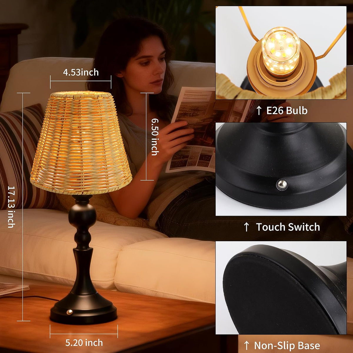 Rechargeable Cordless Table Lamp with Rattan Shade, 5200mAh Touch Dimmable Ba...