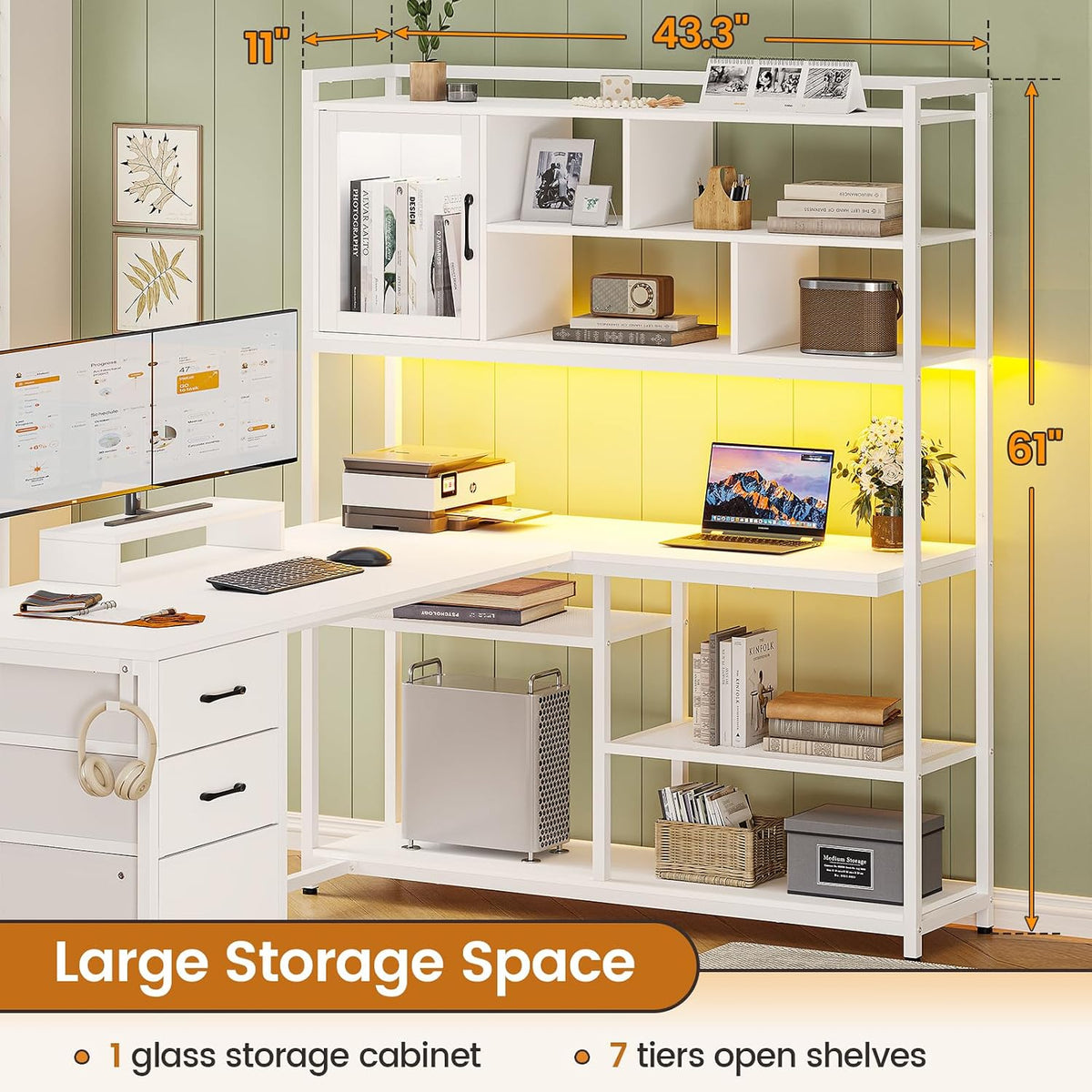 SEDETA 58'' L Shaped Computer Office Desk with 3 Drawers and Bookshelf