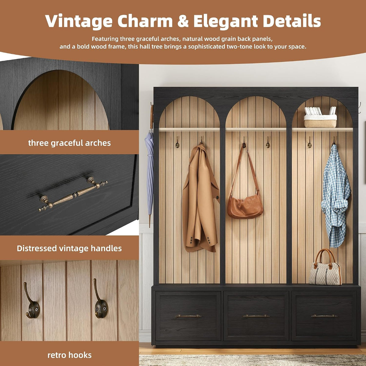 Merax Farmhouse Wood Hall Tree with 8 Hooks and Storage Shoe Bench, Arched Mu...