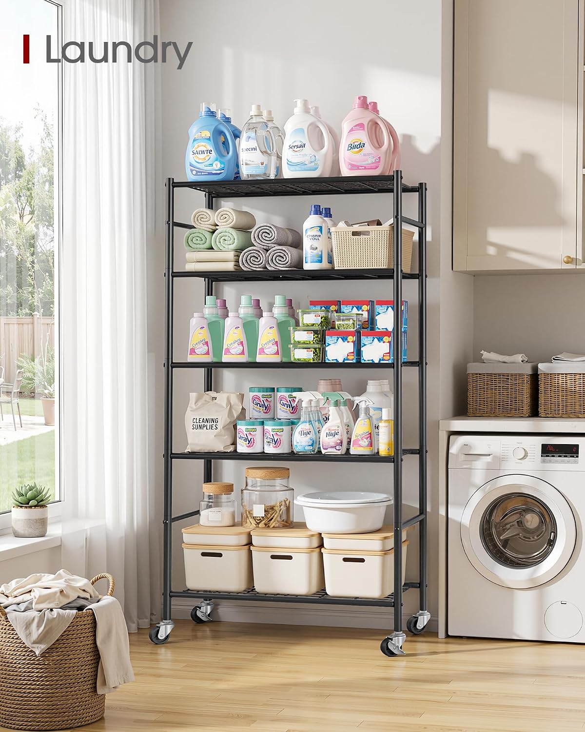 sakugi 5-tier storage shelves 33.1" x12.6" x73.5" black shown in use