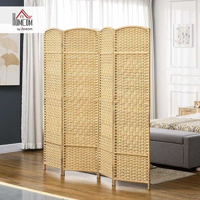 HOMCOM 4 Panel Room Divider, Hand-Woven Freestanding Wood Partition - Image 2