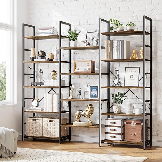 NUMENN Triple Wide 5 Tier Bookshelf, Rustic Industrial Style Bookcases - Image 5