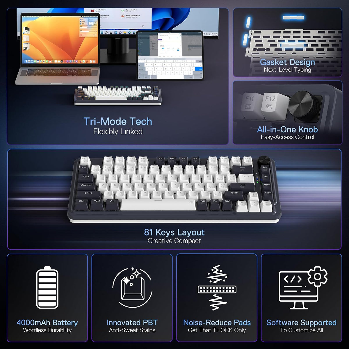 Redragon K673 PRO Wireless 81-Key RGB Gasket Gaming Keyboard, Scroll Knob