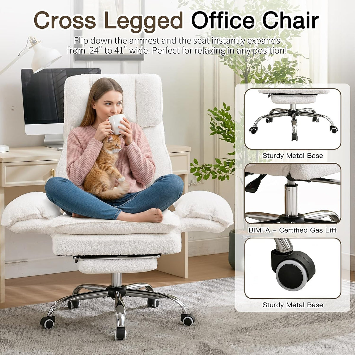 JOMEED Cloud Cross Legged Office Chair with Footrest,Flip Armrest,White