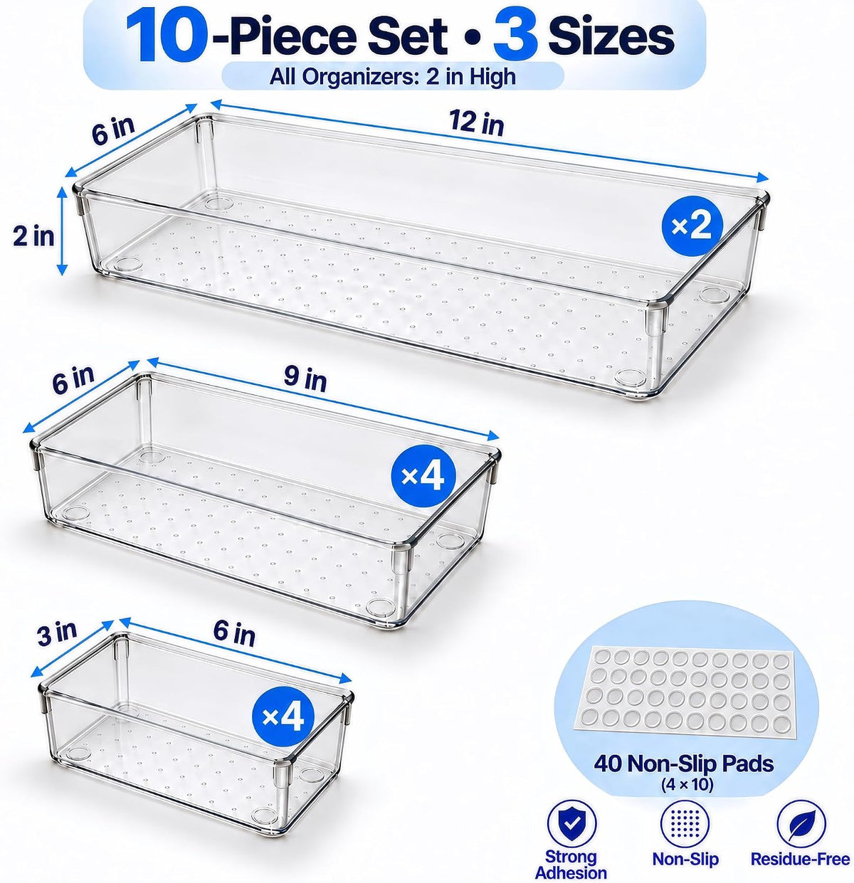 10 Pack Large Clear Drawer Organizer Trays, 3 Sizes, Non-Slip