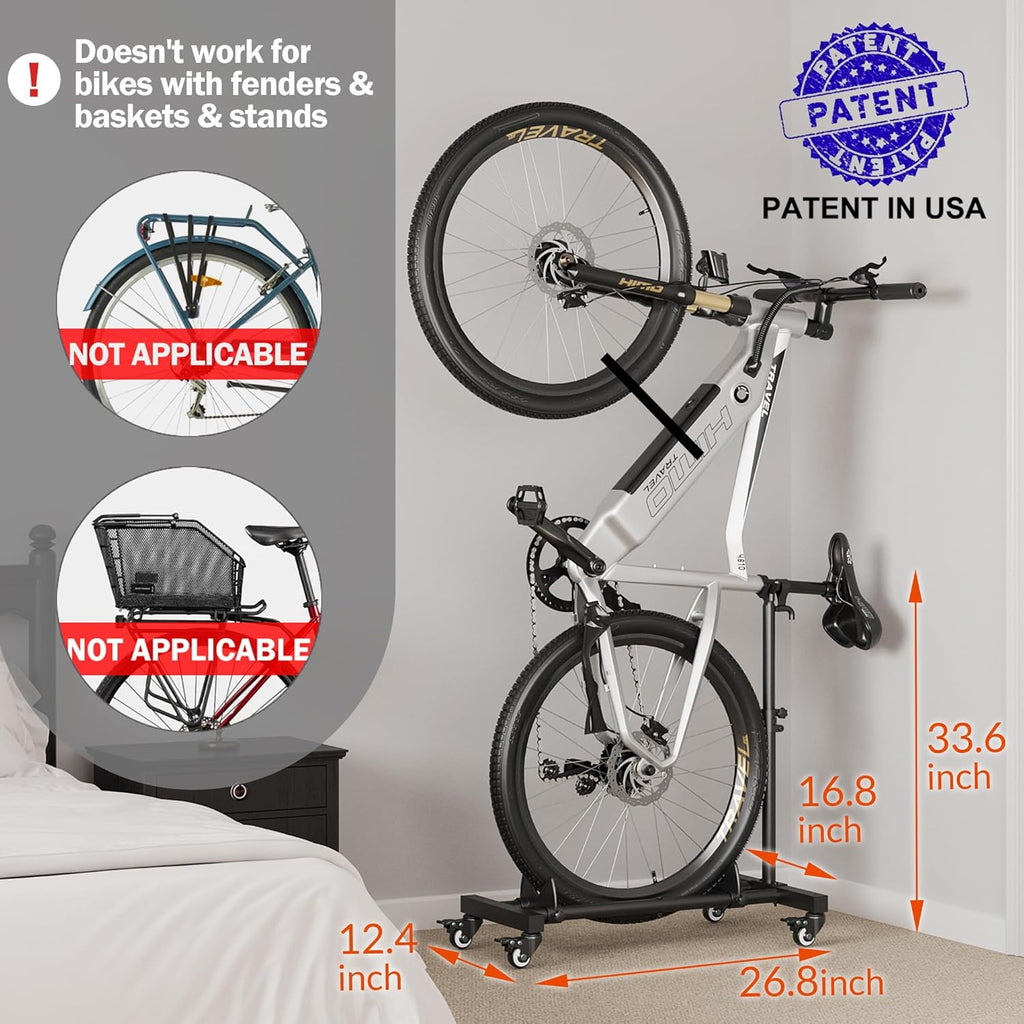 vertical bike stand, freestanding bike rack for garage, close-up detail