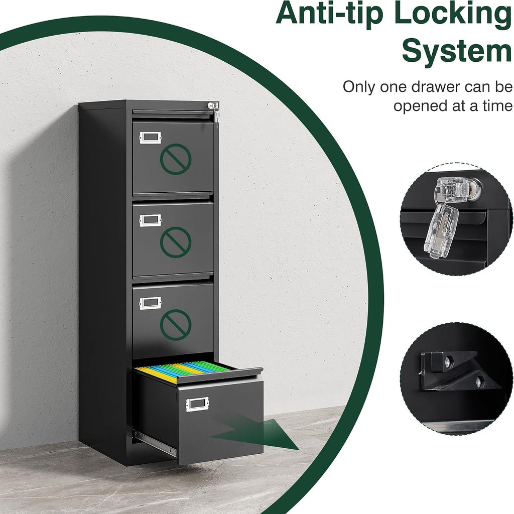 4 drawer file cabinet with lock, metal filing showing dimensions