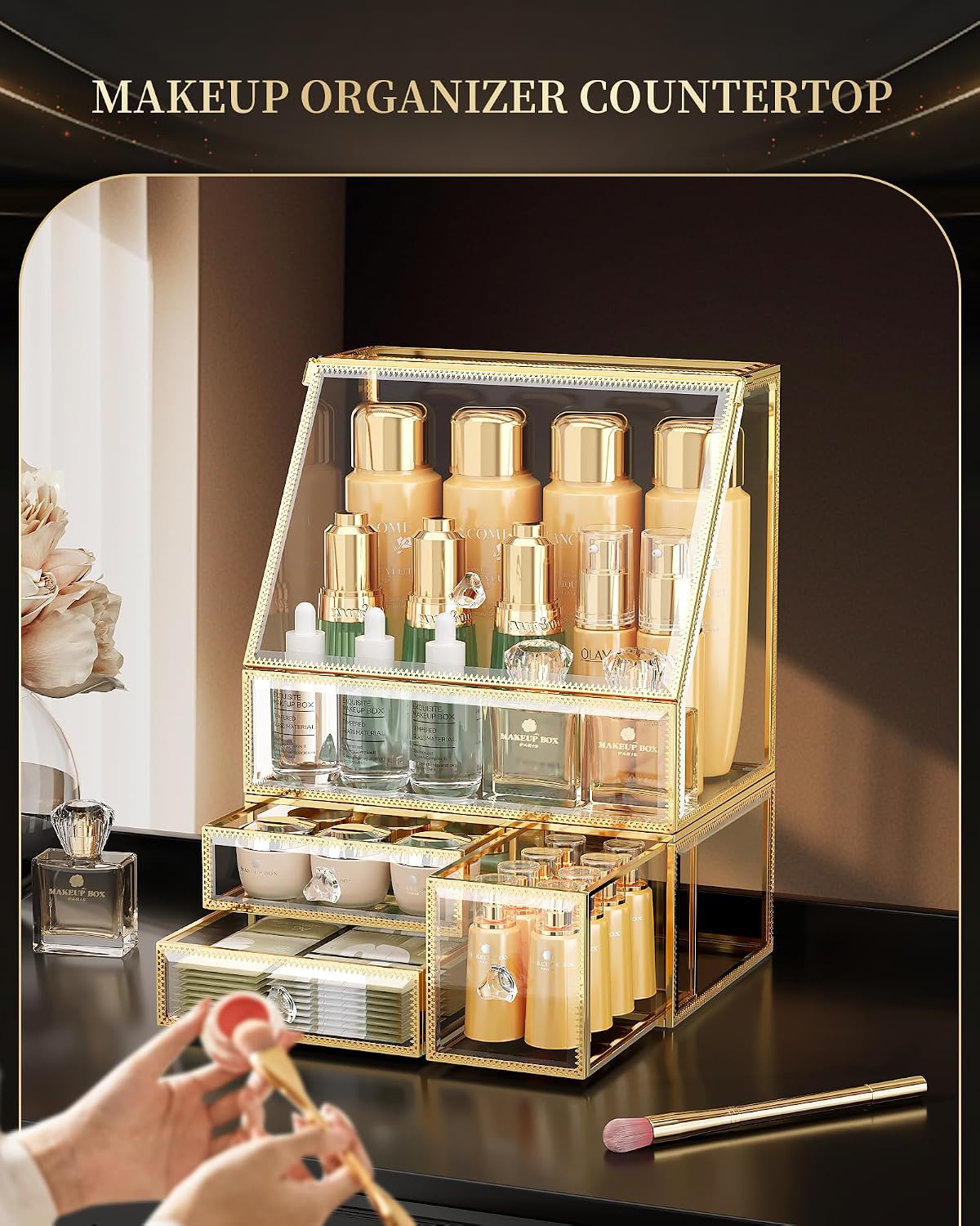 CoralHouse Glass Makeup Organizer with Lid and Drawer for Vanity, Clear