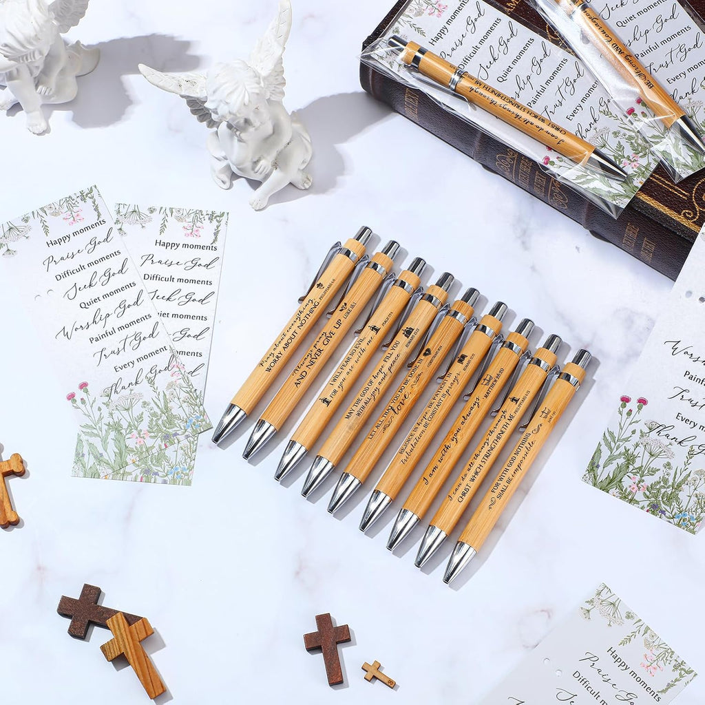 10 Set Christian Religious Gifts Bulk Include Bible Verse Pens and Inspirational Bookmarks Scripture Quote Bible Study Group Church Gifts for Christian Pastor (Bamboo)