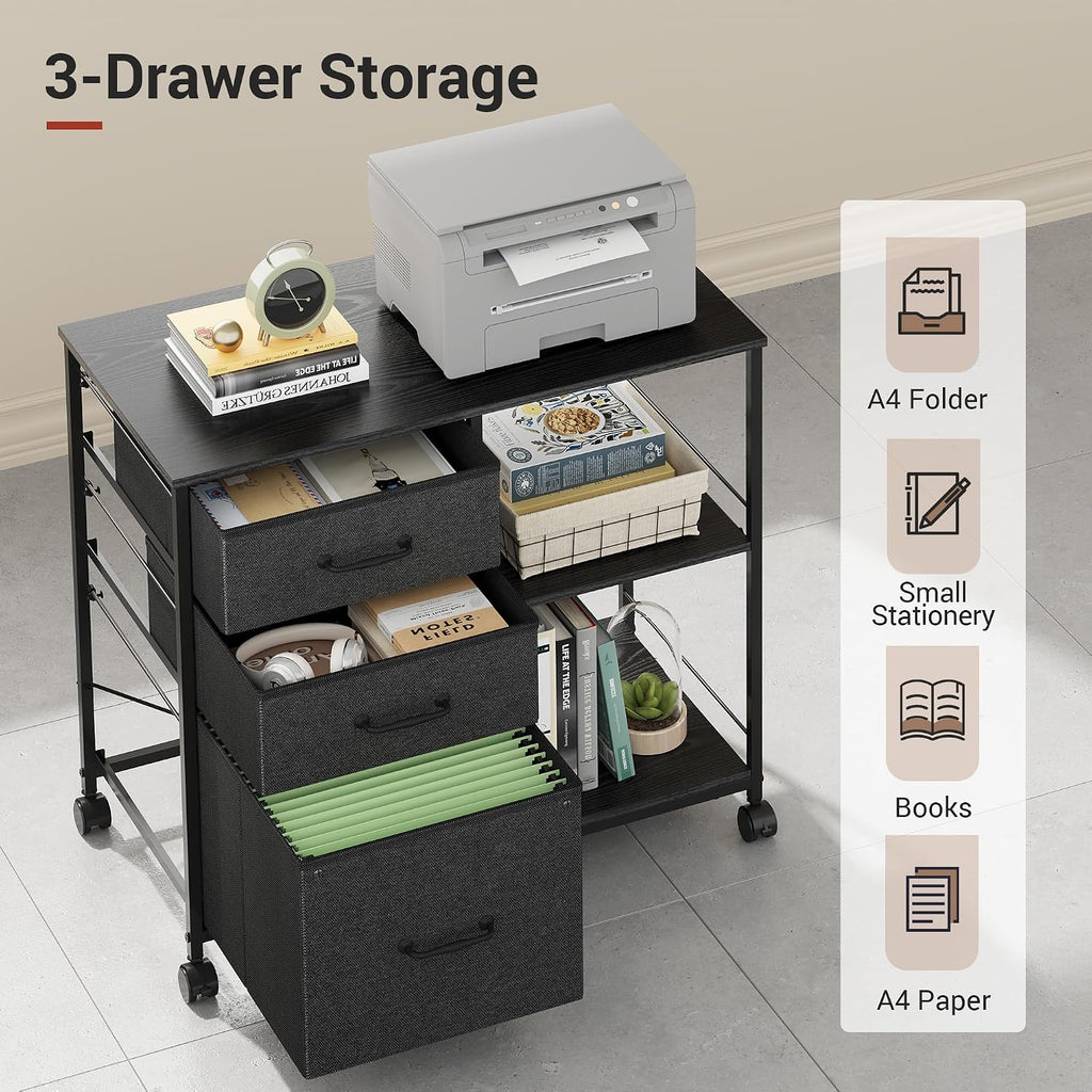 DEVAISE 3 Drawer Mobile File Cabinet with Open Storage Shelf | Rolling Printer Stand, Fabric Lateral Filing Cabinet fits A4 or Letter Size for Home Office, Black