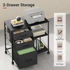 DEVAISE 3 Drawer Mobile File Cabinet with Open Storage Shelf | Rolling Printer Stand, Fabric Lateral Filing Cabinet fits A4 or Letter Size for Home Office, Black