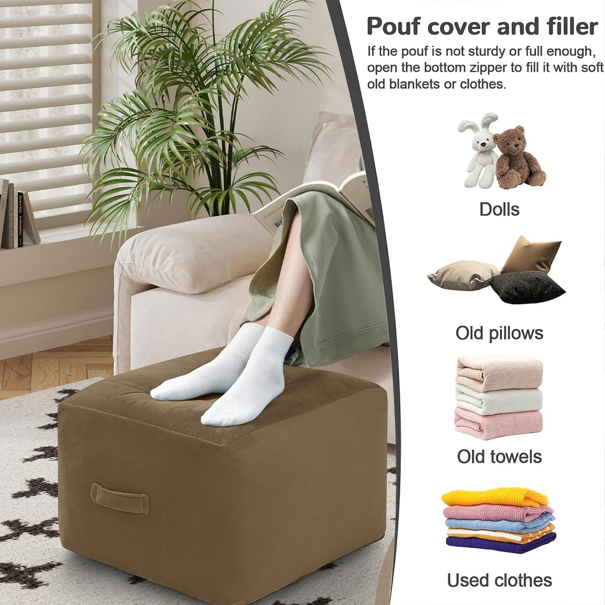 MeMoreCool Square Pouf Ottoman Foot Rest 20x20x15 Inches, Light Coffee