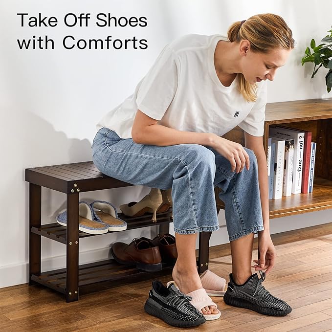 Pipishell Bamboo Shoe Rack Bench, 3 Tier Sturdy Shoe Bench, Storage Shoe - Image 4