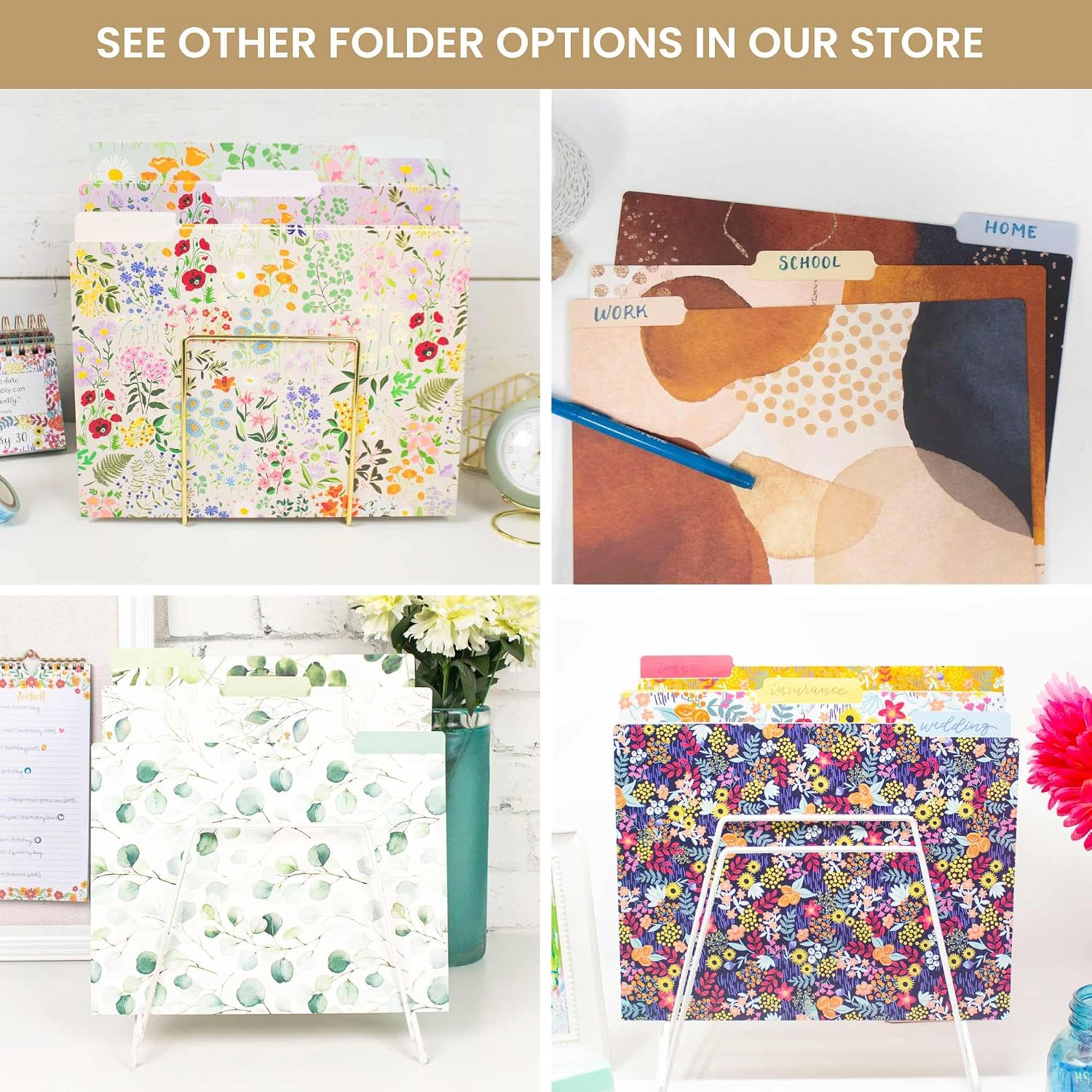 bloom daily planners Decorative File Folders - Set of 12 Letter Size (8.5” x 11”) Organizers, 1/3 Cut Tabs - Aesthetic Folders for School & Office - Gold Foil Florals