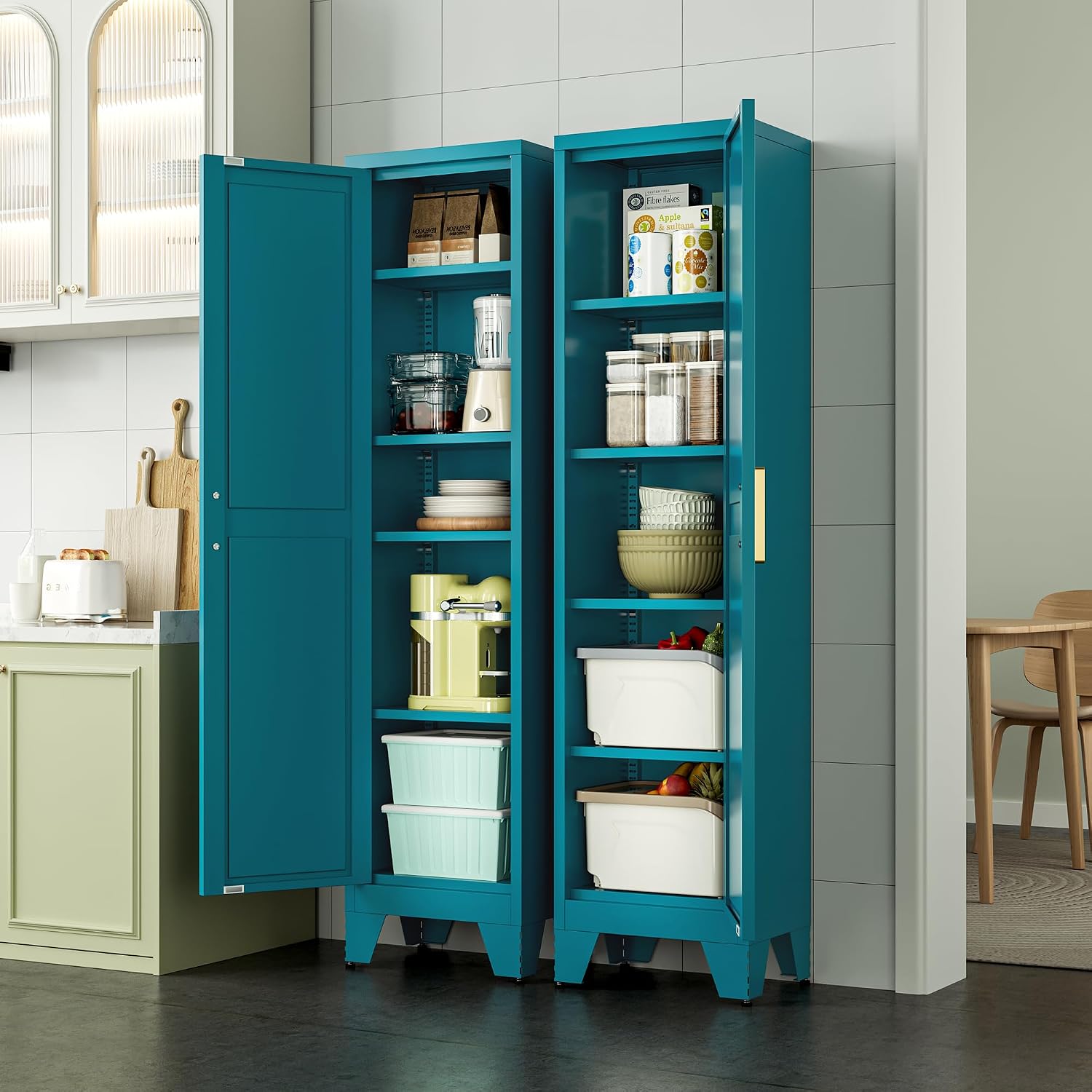Washsemba 67'' Farmhouse Metal Storage Cabinet with Barn Doors, Steel File Cabinet for Home Office, Kitchen Pantry 4 Adjustable Shelves, Freestanding Cupboard (Peacock Blue)