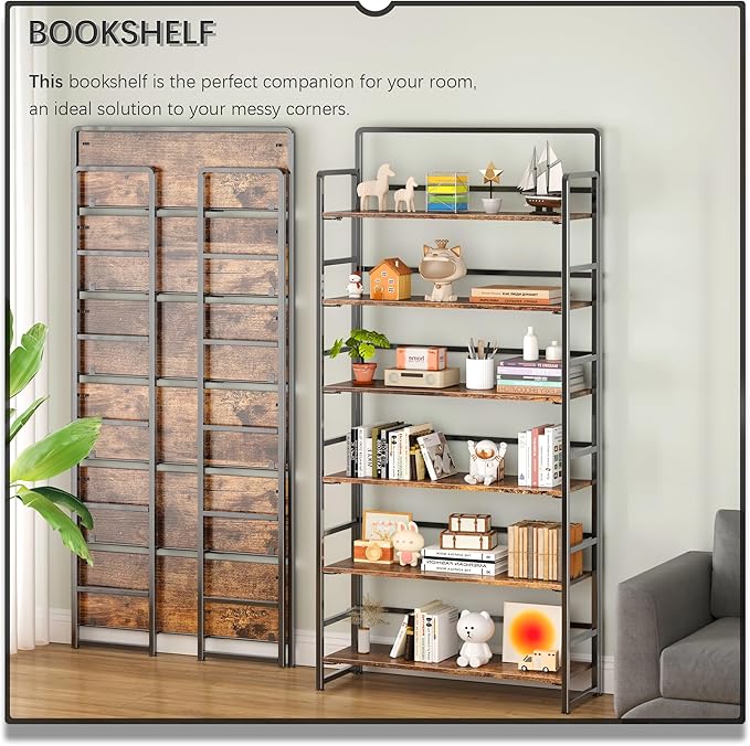 4NM No Assembly Extra Wide 6 Tiers Folding Bookshelf Storage Shelves Vintage - Image 3