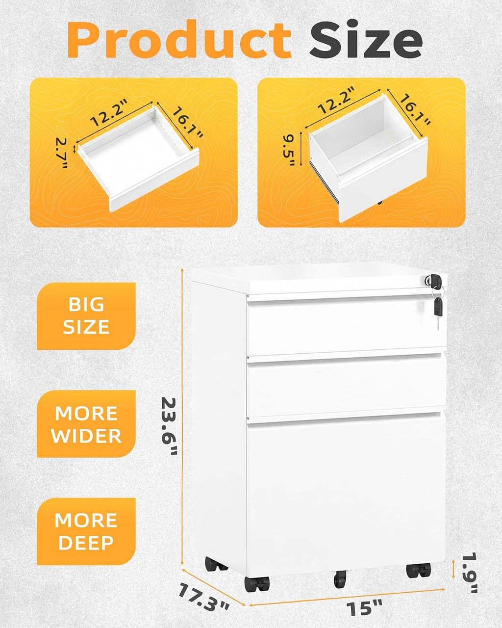fully assembled 3-drawer mobile file cabinet with lock, close-up detail