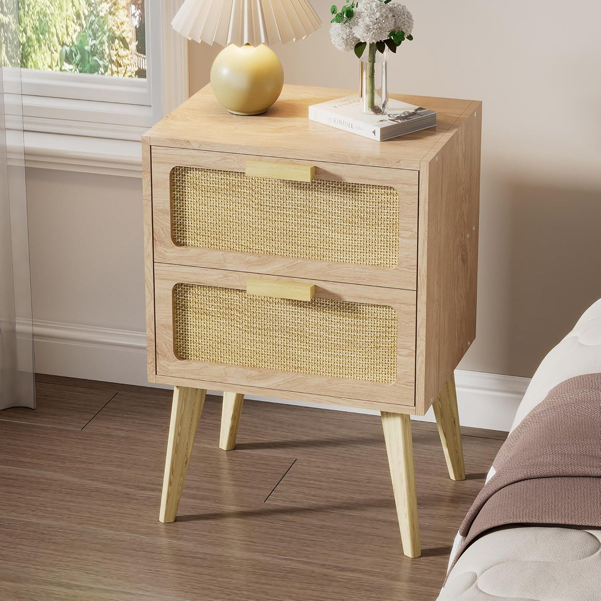 YAUKOMEL Rattan Nightstand, Natural End Table, Bedside Table