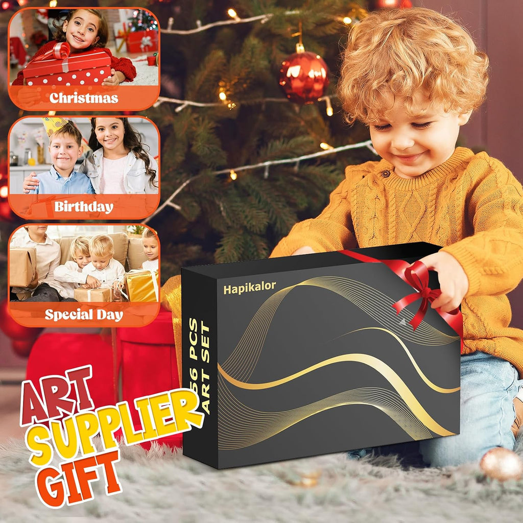hapikalor 156-pack art kit drawing set with 2 on a desk or shelf