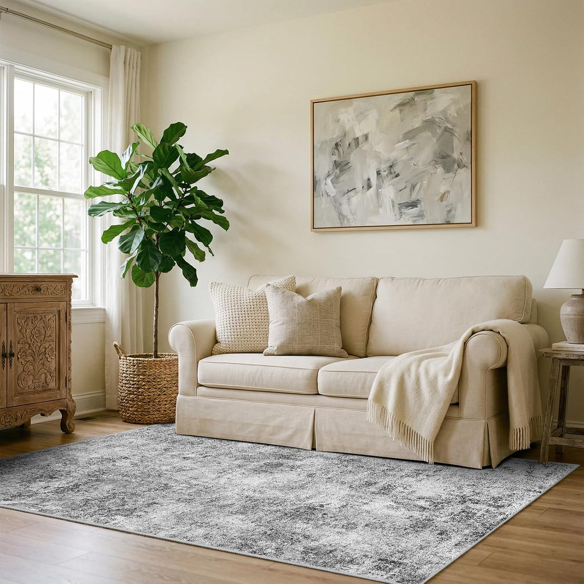 3x5 Washable Area Rug for Entryway: Small Abstract Neutral Rugs Grey
