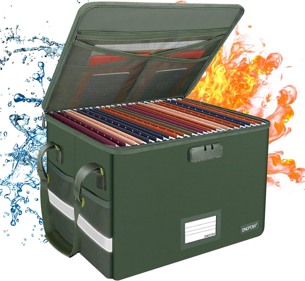 ENGPOW File Box with Lock, Fireproof Document Box with Zipper Lid, Collapsible