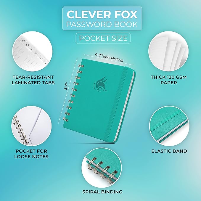 Clever Fox Password Book Spiral – Mini Internet Address & Password Organizer - Image 2