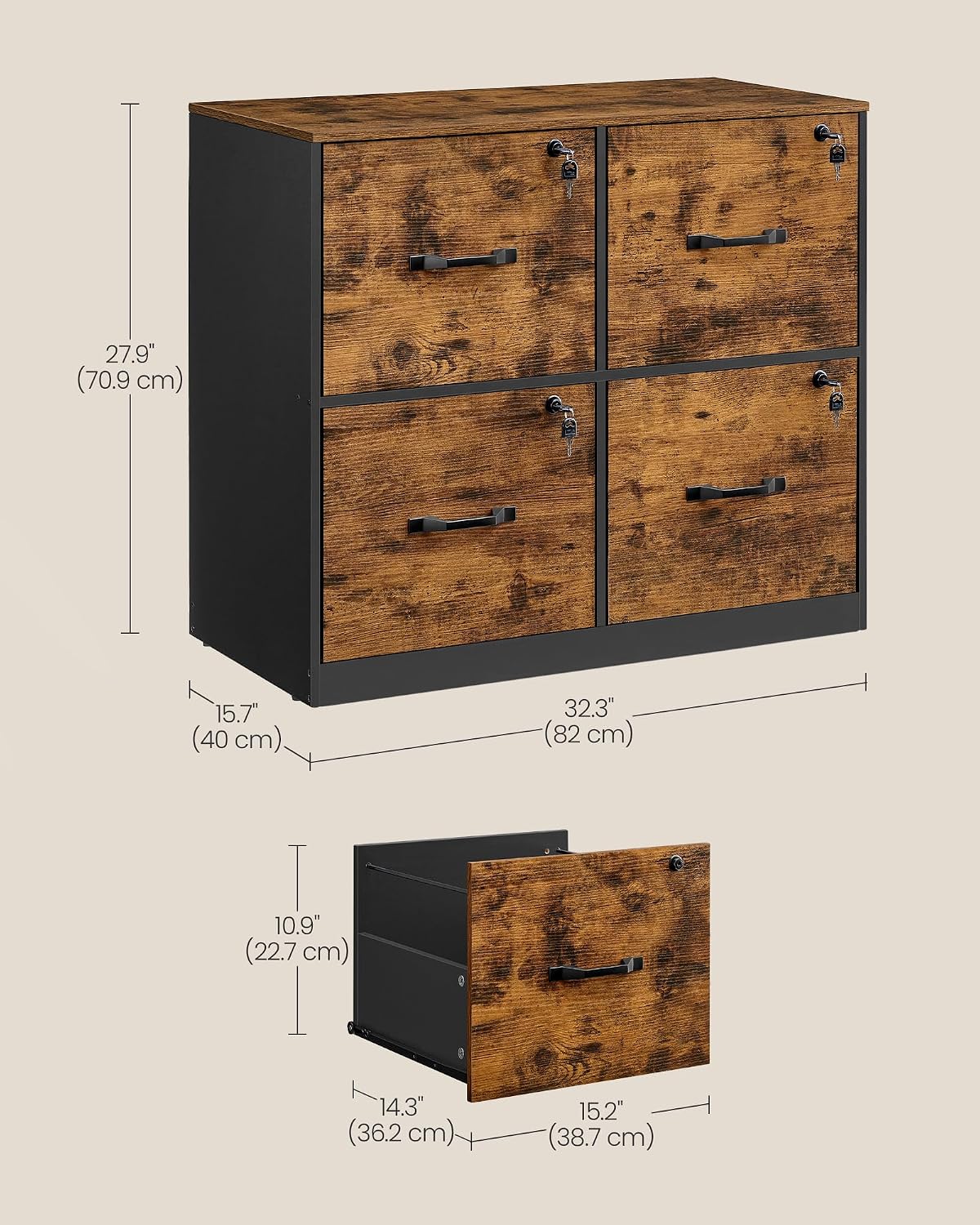 vasagle 4-drawer lateral file cabinet, compact, locking, printer, close-up detail