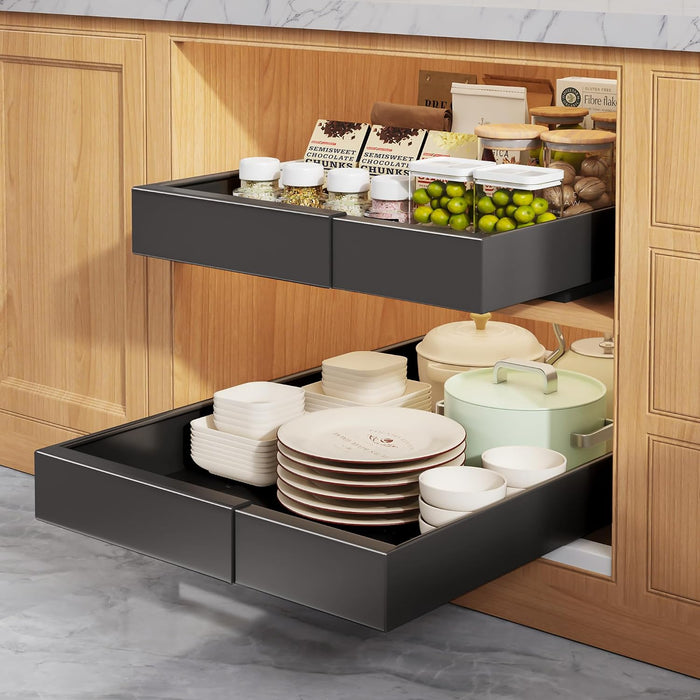 Seinloes 2 Pack Pull Out Cabinet Organizers 21" Deep With Raising Pad for Framed Cabinets, Expandable Width (9"-14") Slide Out Drawers Upgrade 3 Slide Rails, Roll Out Shelves Adhesive, Black