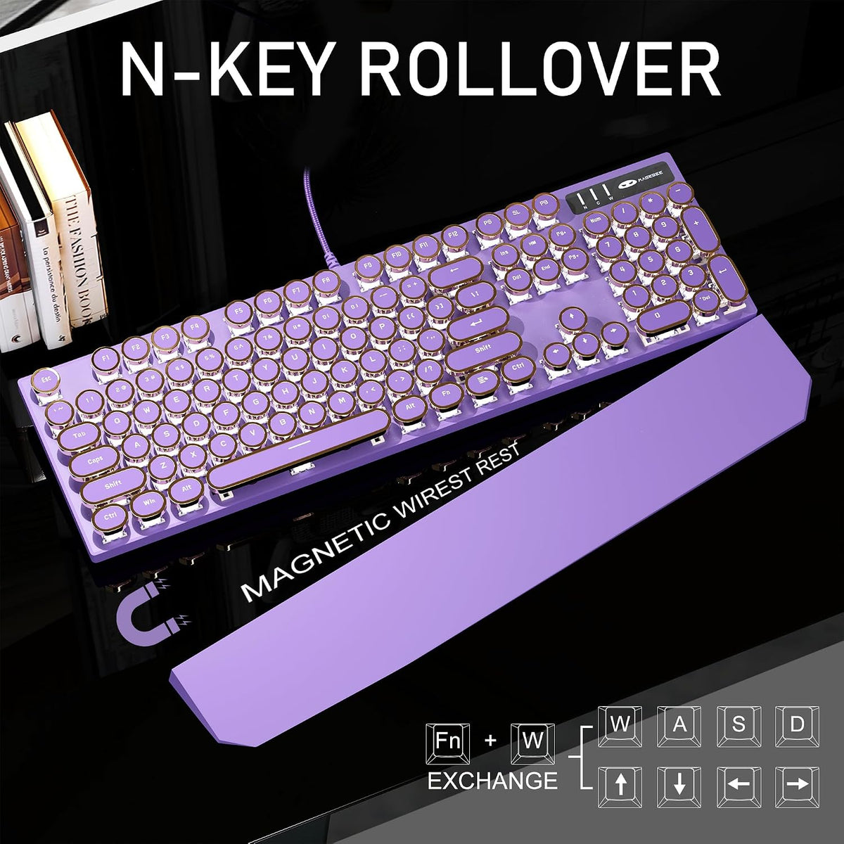 MageGee Typewriter Mechanical Gaming Keyboard, Retro Punk Purple Round Keycap...