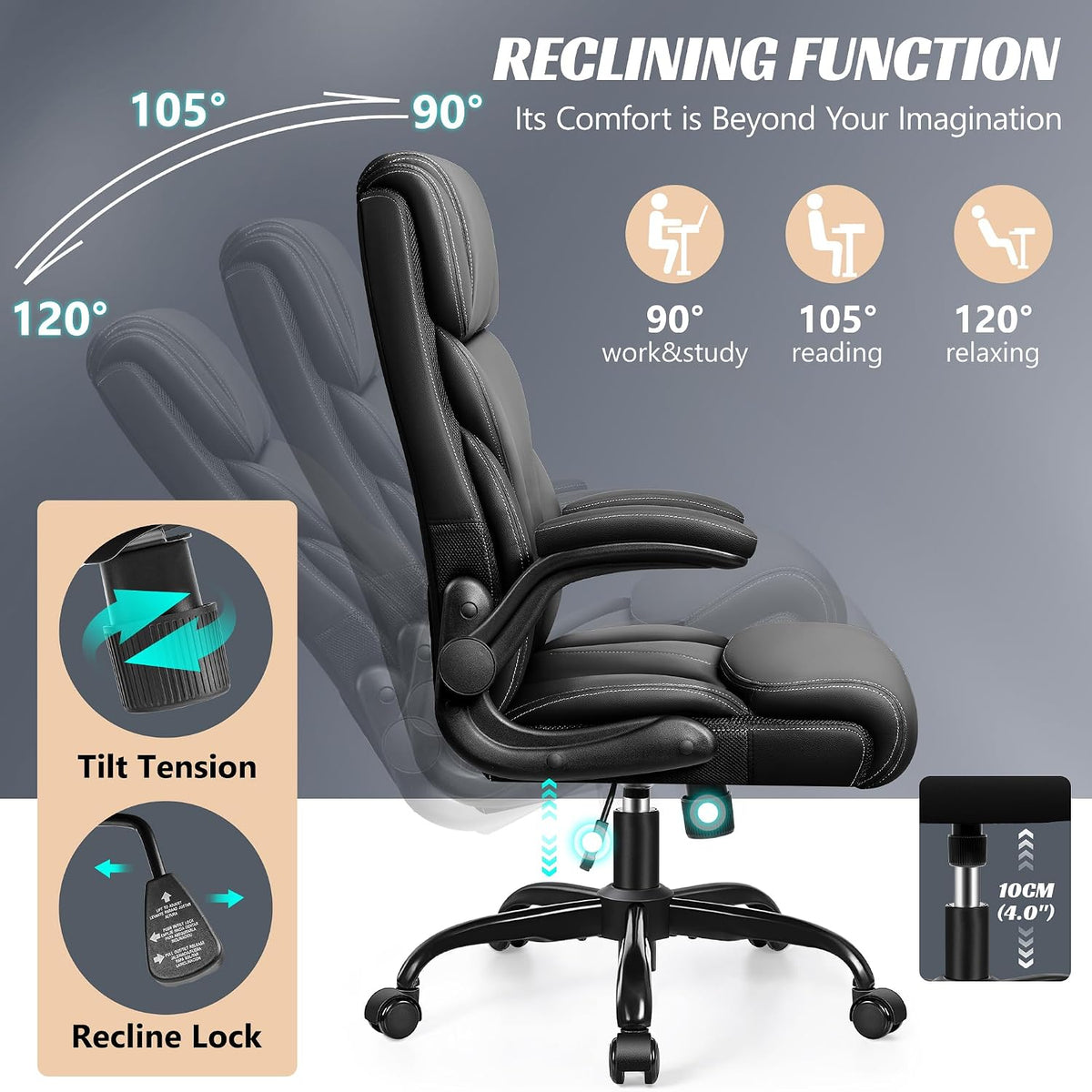 heroset office chair, ergonomic big and tall computer showing dimensions
