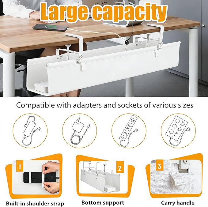 Oxford Cloth Under Desk Cable Management Tray, No-Drill 36" Desk Cable - Image 2