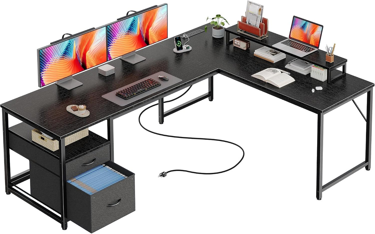 PRAISUN 63 Inch L Shaped Desk with Power Outlets and USB-C Port, Computer Cor...