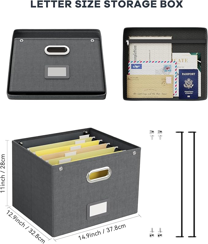 Oterri File Organizer Box with Lid, Large Hanging Filing Box with Mesh Pocket - Image 2