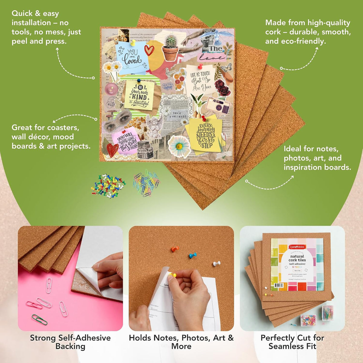 Cork Board Tile Squares – 5 Piece 12x12 Self-Adhesive Squares for Bulletin Bo...