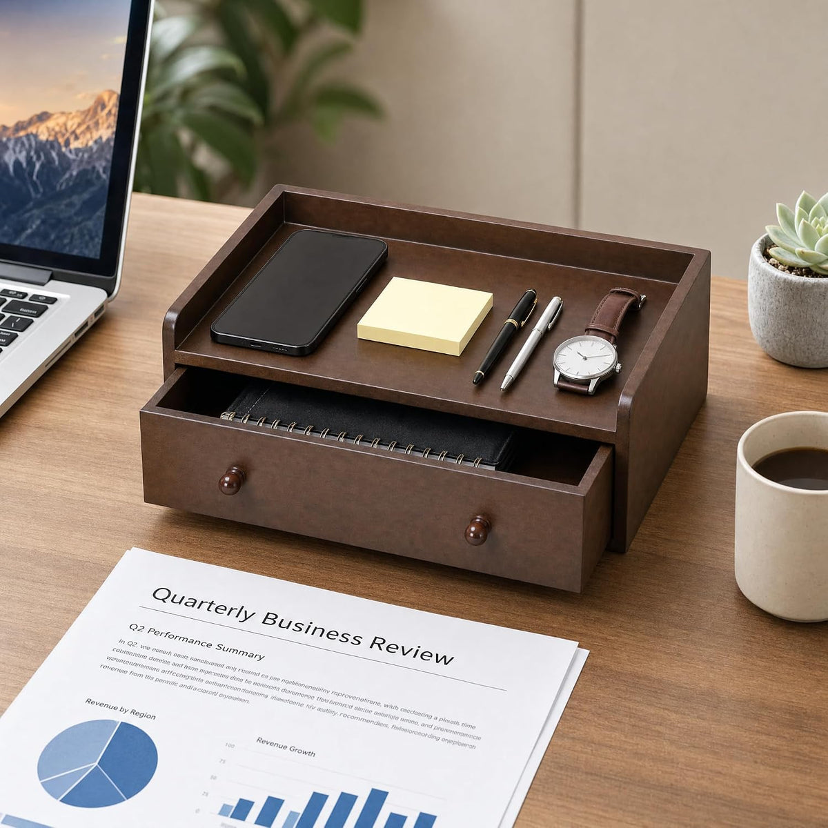 Solid Wood Desk Organizer with Drawer and Adjustable A4 Tray