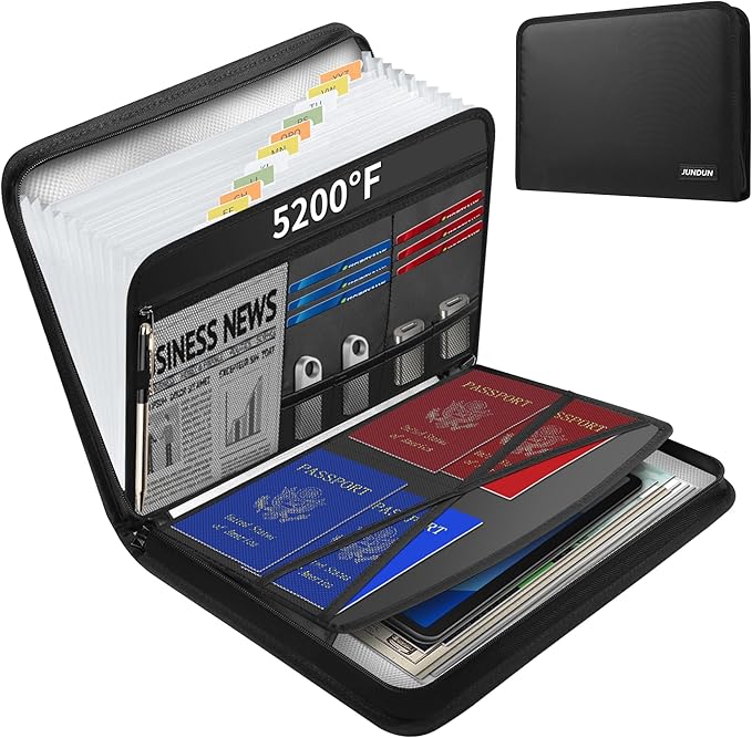 JUNDUN 5200℉ Fireproof Document Organizer, Upgraded Heat Insulated 13 Pockets by JUNDUN