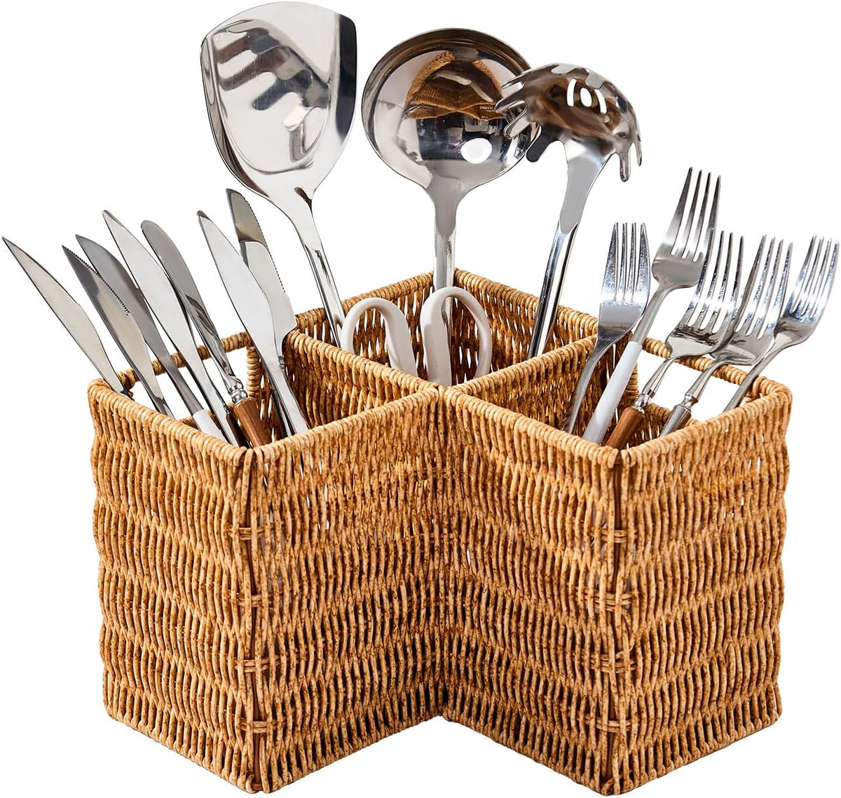Berdeng 3-Compartment Silverware Caddy, Faux Rattan Utensil Holder with 2 Han...