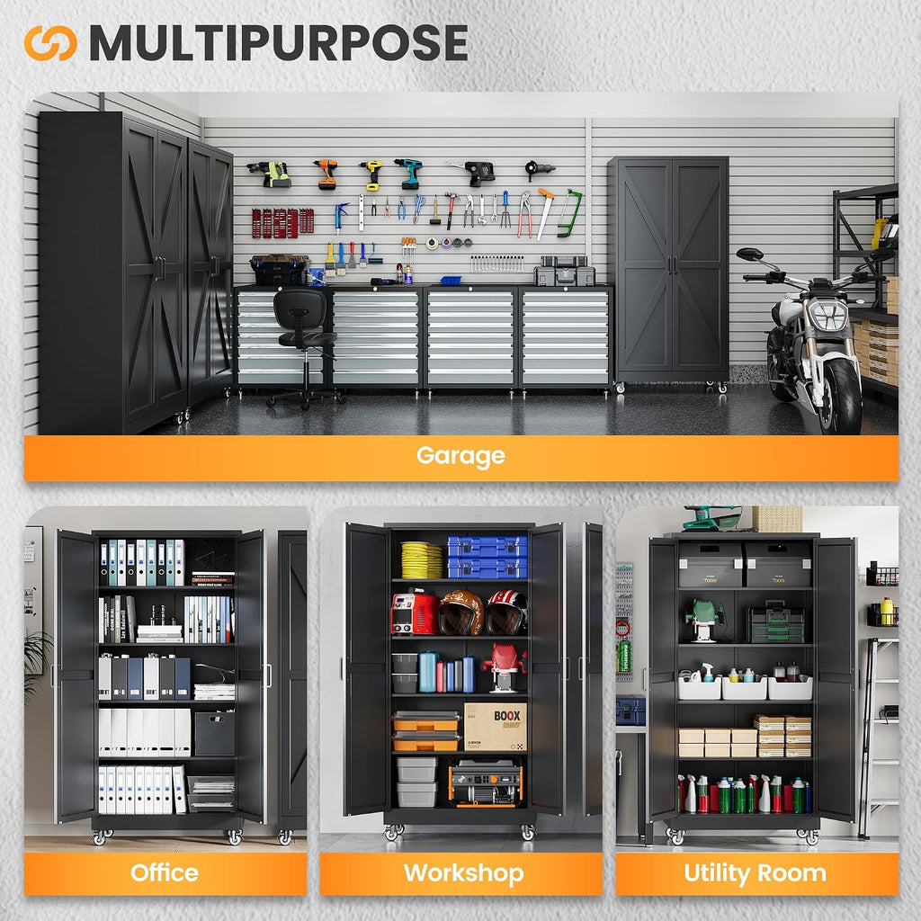 75" tall wheeled garage storage cabinet, rolling metal, front angle view