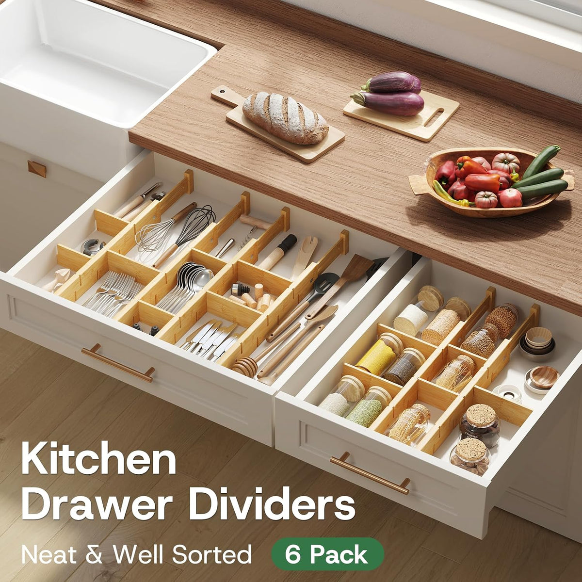 kiplant Bamboo Drawer Dividers - Adjustable Drawer Dividers for Kitchen, Clot...
