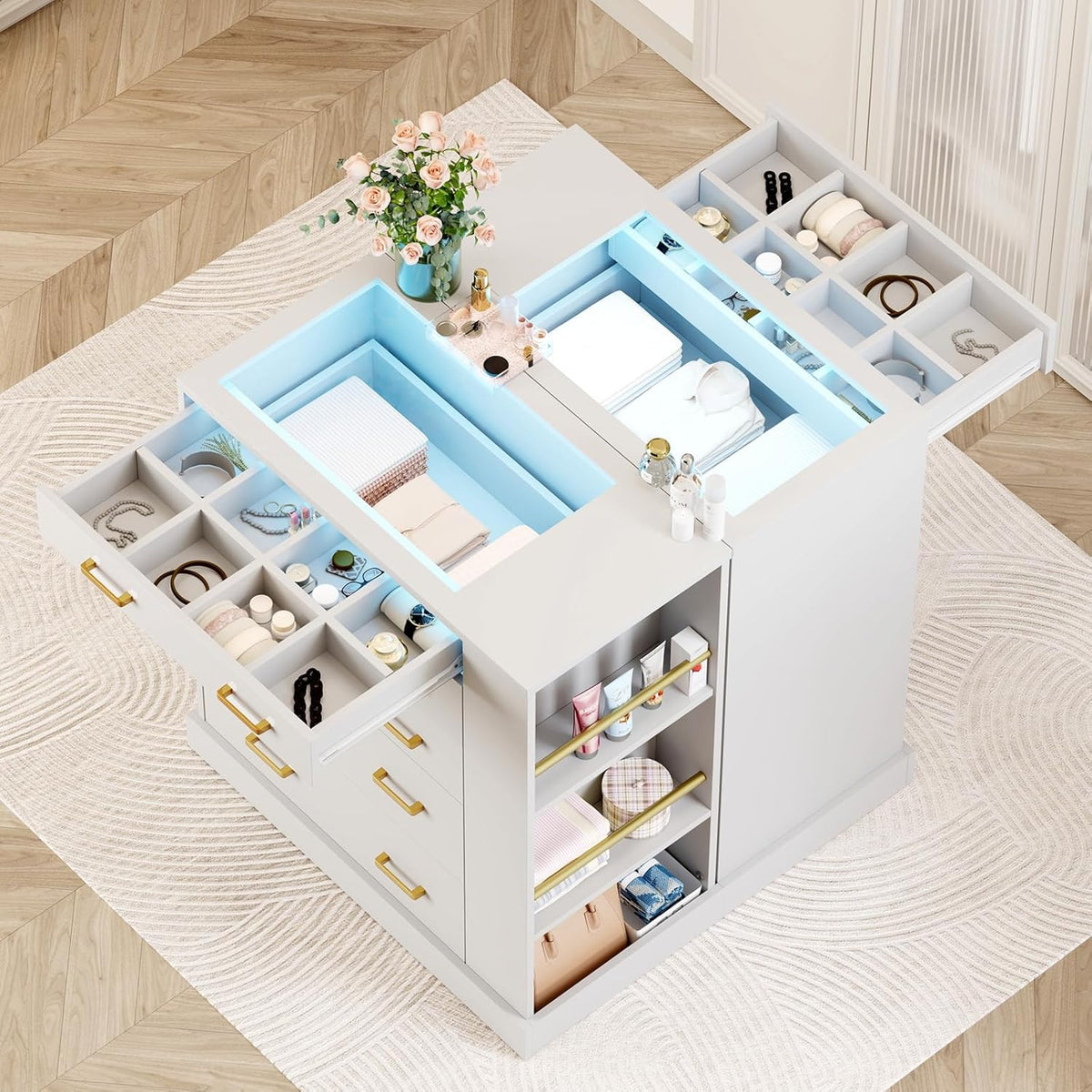 Drawer Dresser with Glass Top, LED Lights, 3 Open Shelves