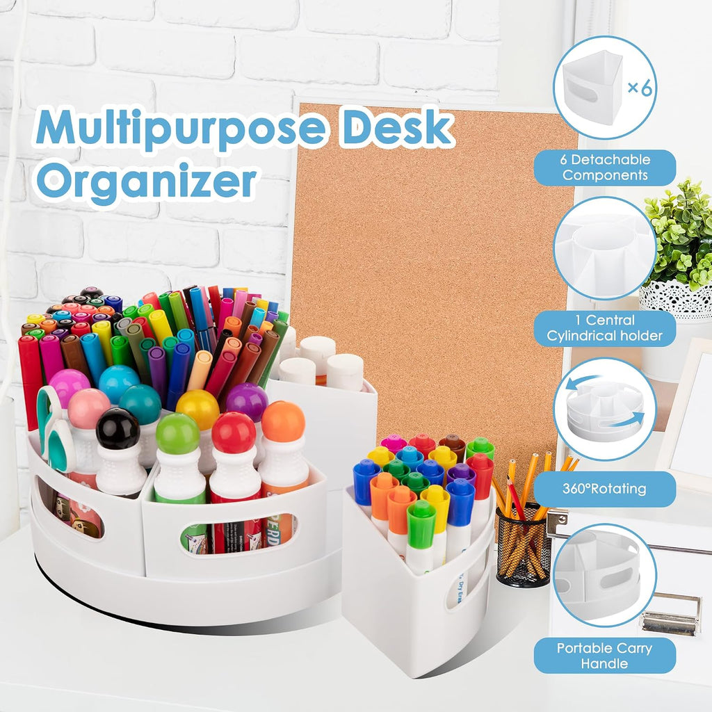 CraftGenes Rotating Art Supply Organizer, 7 Removable Compartments, White | Extra-large 360-degree desk caddy for markers, crayons and craft supplies, with 7 removable compartments and a non-slip base.