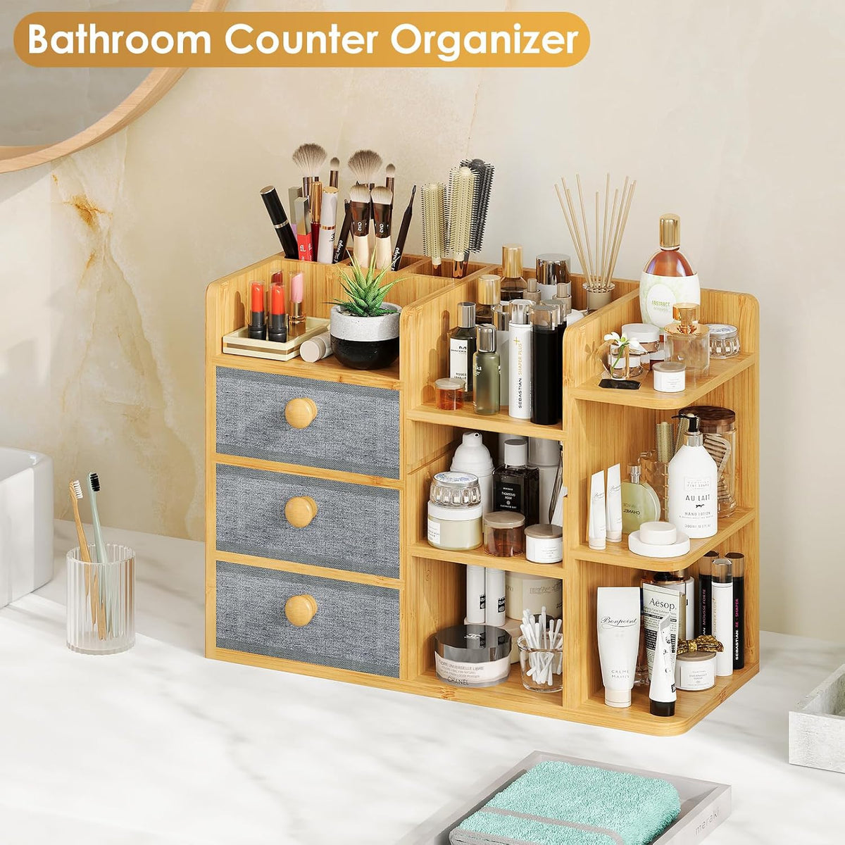 Large Makeup Organizer For Vanity, Large Capacity 3 Tiers Bamboo Bathroom Cou...