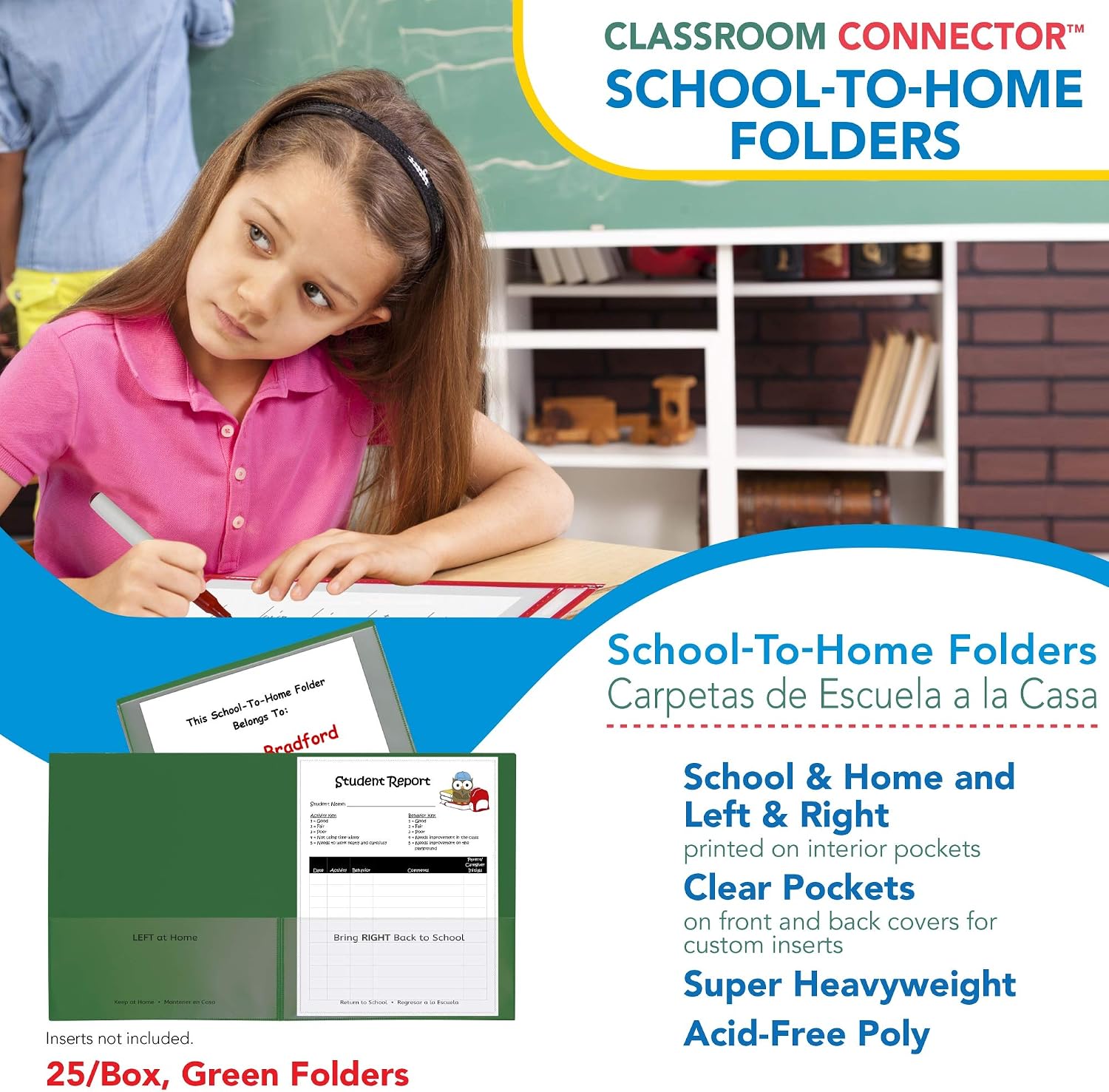 C-Line Classroom Connector School-to-Home Folders, Green, 25 per Box (32003)