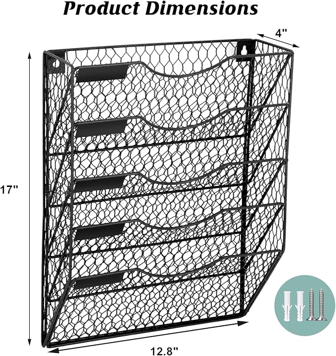 EASEPRES Mail Organizer Wall Mount, 5 Tier Metal Chicken Wire Hanging File - Image 2